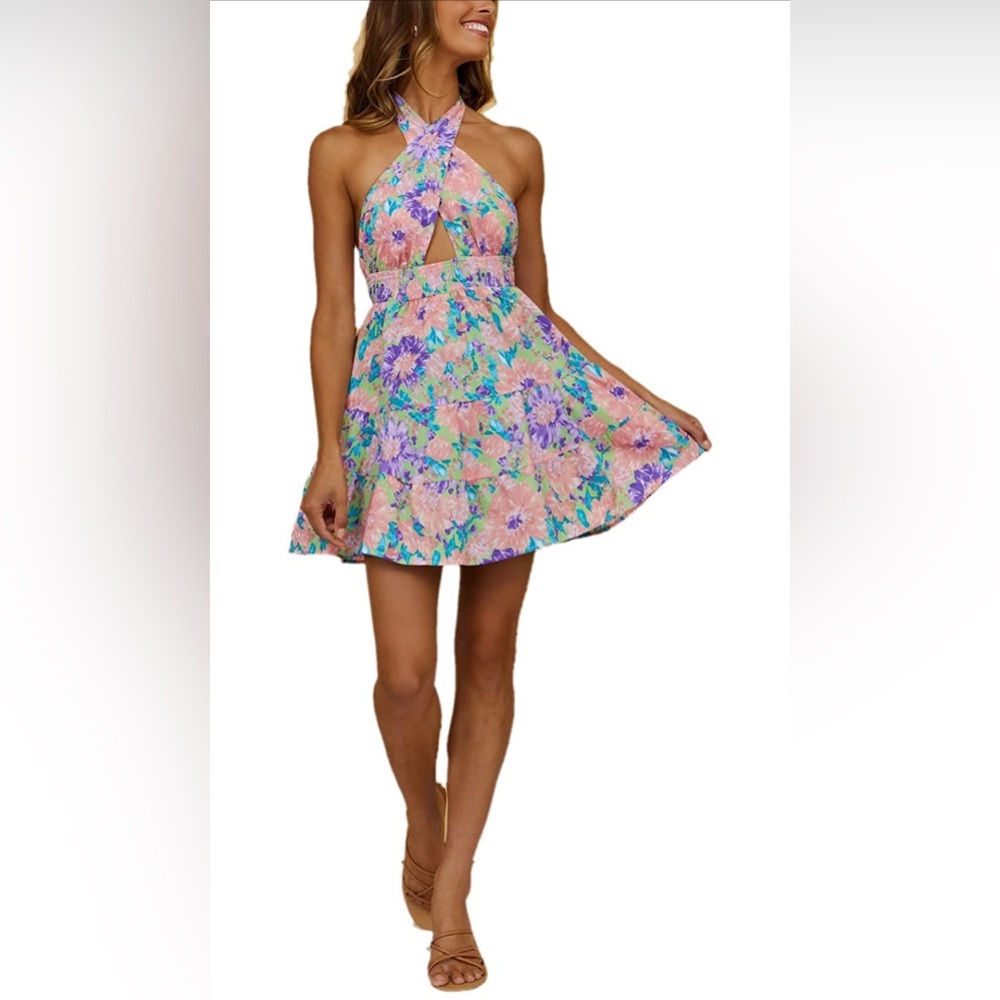 FFLMYUHUL  Women's Halter Mini Dress Floral Print Lace Up Backless Beach dress